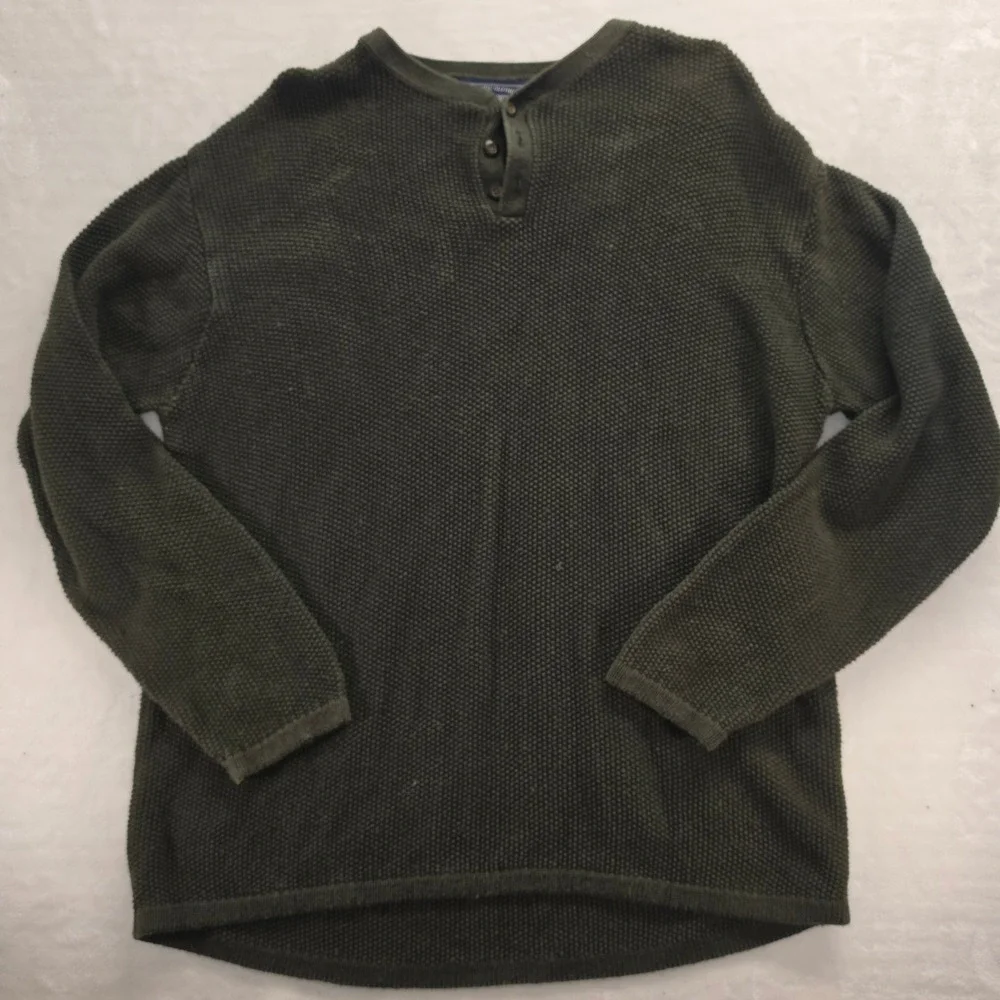 Bowen & Wright Mens XL Olive Green Waffle Knit Henley Sweater Ramie Cotton Blend